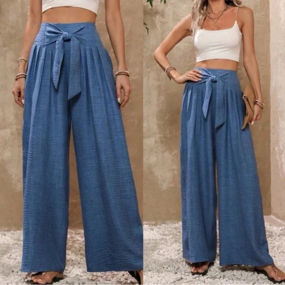 Classic Solid Wide Leg High Waisted Smocked Tie Pants - Picture 2 of 8